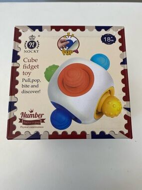 Nocky Cube Fidget Toy in White with Red, Blue, Yellow and Green Details